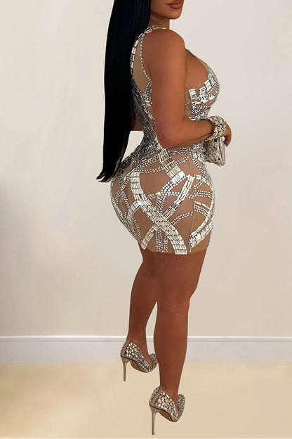 storexq Rhinestone Glittery See-Through Bodycon Mini Dress