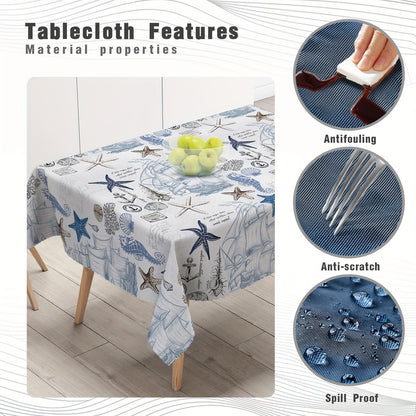 1pc, Tablecloth, Summer Beach Theme Rectangle Table Cloth, Nautical Party Round Table Cover, Shell Textured Decoration, Stain Resistant, Erasable, Waterproof, Suitable For Home Kitchen, Restaurant, Party,