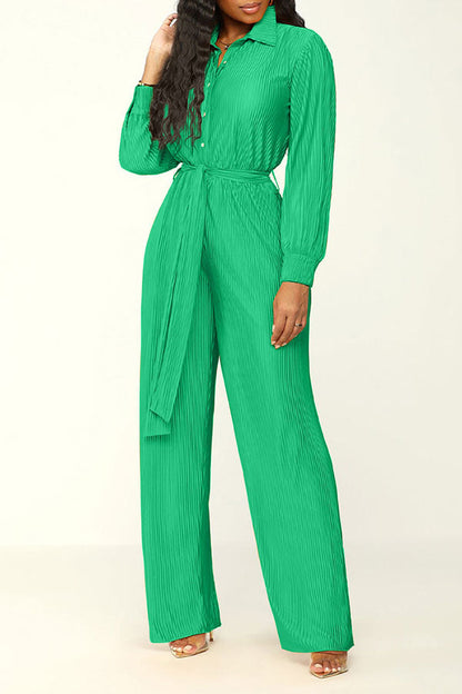 storexq Solid Color Classic Belted Pleated Jumpsuit