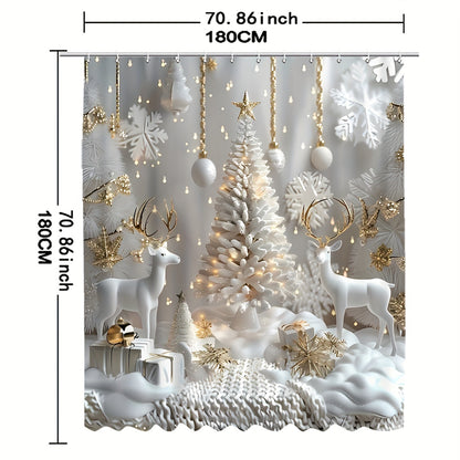 1/4pcs Christmas decoration snowmen animal pattern digital printed waterproof shower curtain toilet seat bath mat set, decoration shower curtain with carpet and toilet lid polyester cloth shower curtain with 12 plastic hooks 70.87*70.87inch