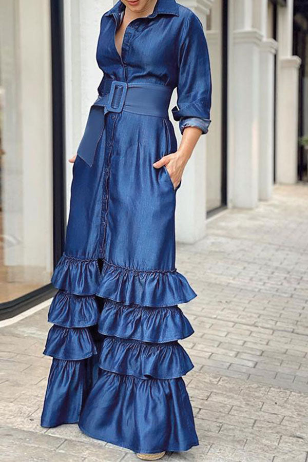 storexq Solid Color Pretty Belted Tiered Ruffle Maxi Dress