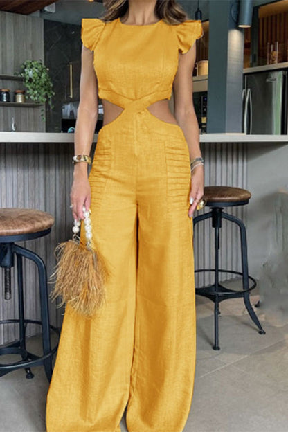 storexq Solid Color Ruffle Glamorous Cutout Waist Jumpsuit