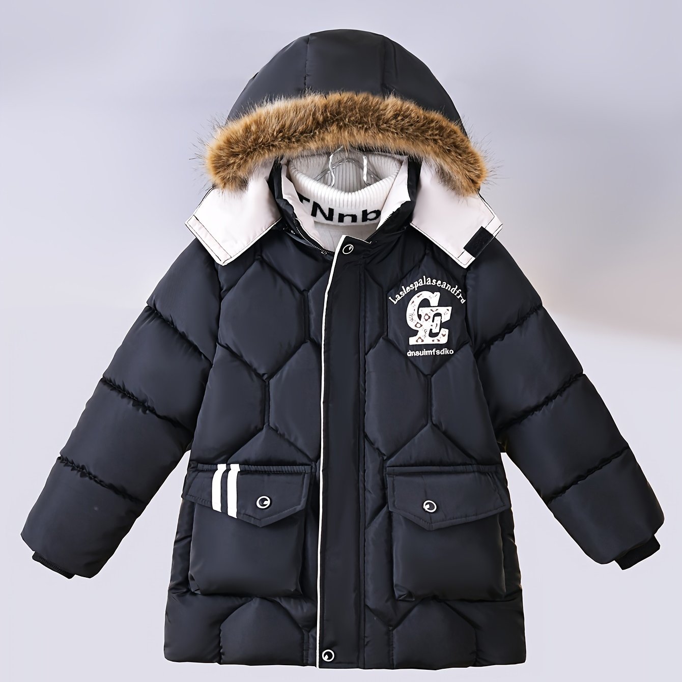 Cozy Fleece-Lined Boys' Hooded Jacket with Removable Fur Trim - Casual Winter Outerwear for Young Youngsters