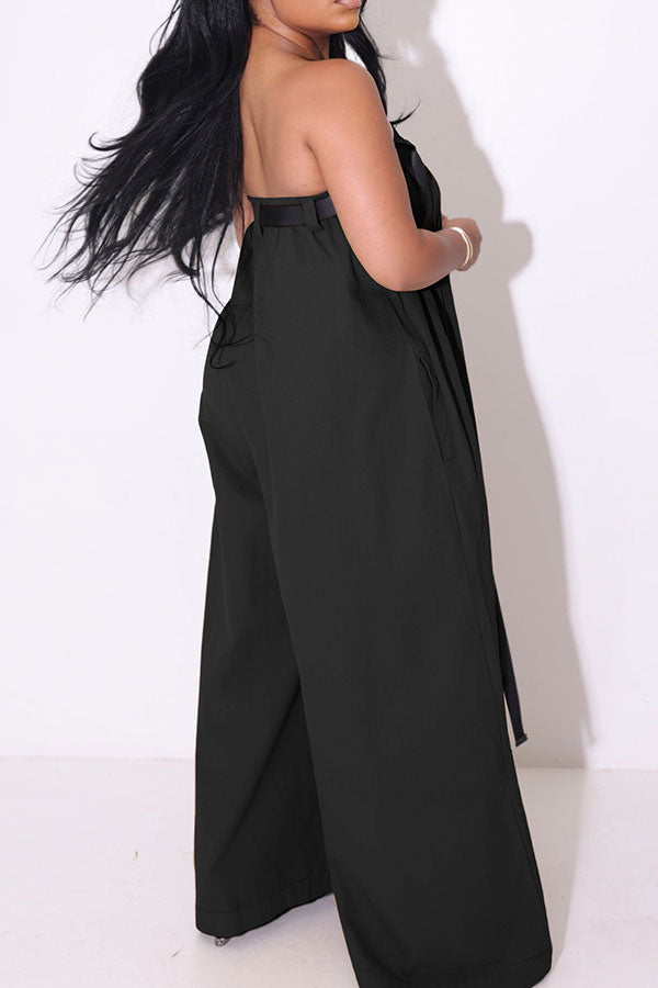 storexq Solid Color Whimsical Wide Leg Jumpsuit With Belt