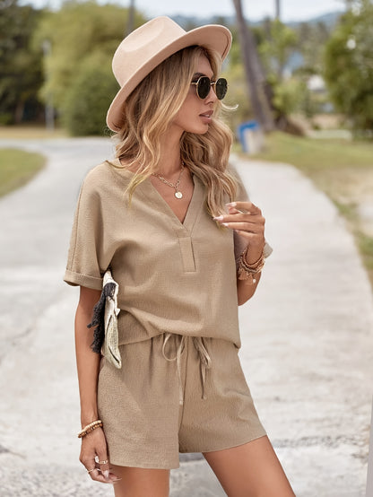 2-Piece Elegant Outfit - Vibrant Solid Color, Flattering Notched Neck, Short Sleeves, Adjustable Drawstring Waist, Relaxed Blouse & Flowy Shorts - Exclusively Designed for Womens Clothing