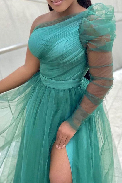 storexq Solid Color One Shoulder Elegant Split Swing Tulle Maxi Dress