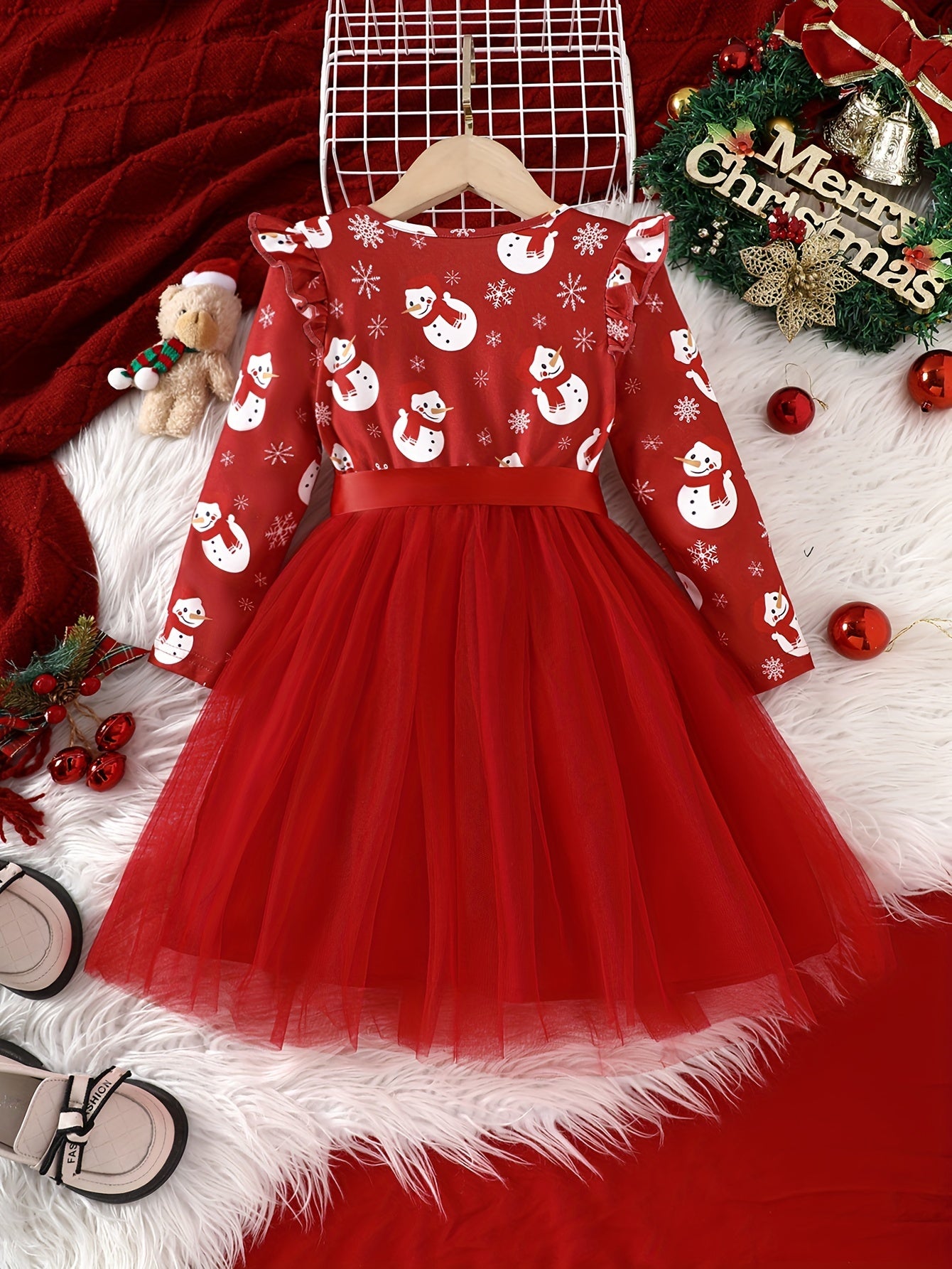 Long Sleeve Girls' Winter Christmas Party Princess Dress With Mesh Hem & Lining, Ribbon Belt, Holiday Fun