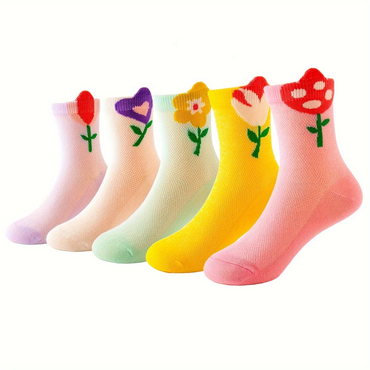 5 Pairs Of Toddler's Cute Cartoon Floral Crew Socks, Soft Comfy Cotton Blend Children's Socks For Boys Girls All Seasons Wearing