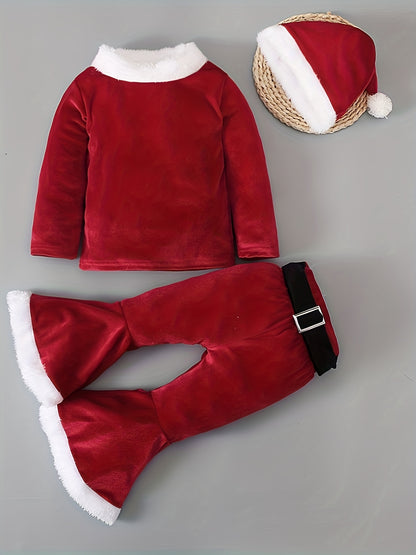 3pcs Santa Claus Set For Girls, Velvet Top & Christmas Hat & Flared Pants Set, Kid's Dress Up Outfits For Spring Fall Winter, As Gift