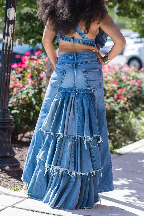 storexq Hyperbolic Patchwork Tiered Ruffle Denim Skirt