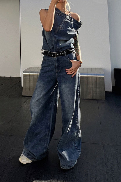 storexq Blue Unusual Belted Wide Leg Denim Pant Suit