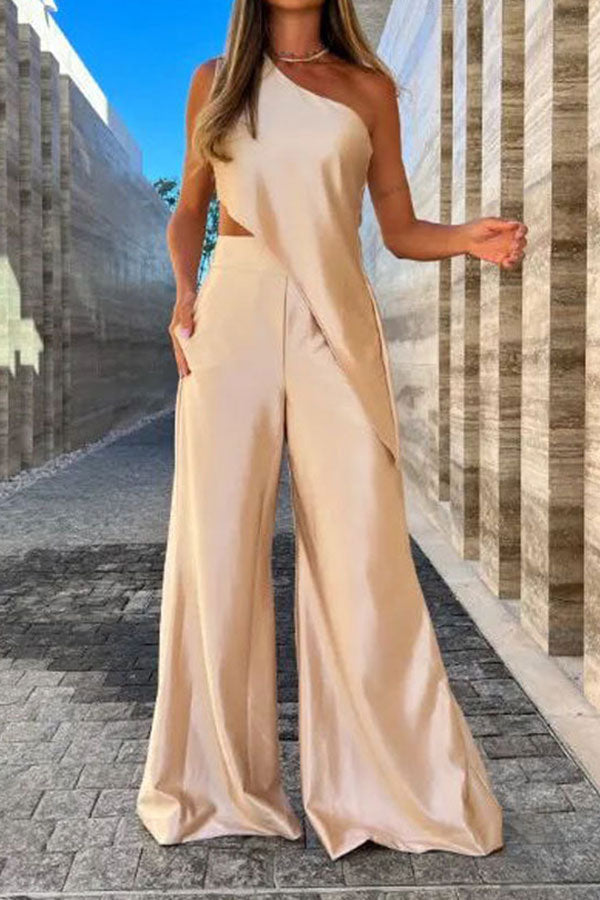 storexq Solid Color Modern Irregular Wide Leg Pant Suit