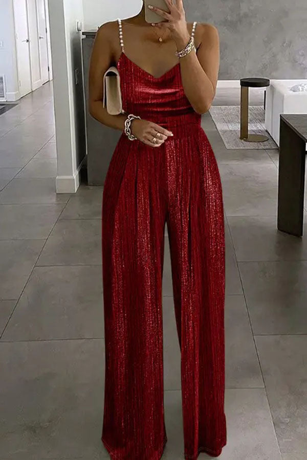 storexq Metallic Romantic Beaded Strap Wide Leg Jumpsuit