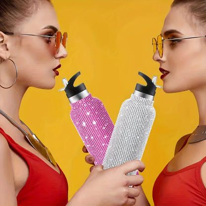 1pc Sparkling Studded Insulated Water Bottle - Stainless Steel Vacuum Flask with Lid for Hot and Cold Drinks - Portable, Leak-Proof, and Sweat-Free Design for Home, Outdoor, and Sports Use - Perfect Gift for Men and Women - 500ml/750ml