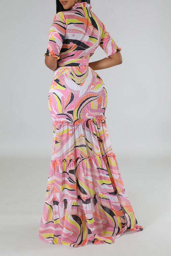 storexq Abstract Print Strap Shirred Tropical Tie Front Tiered Dress Suit