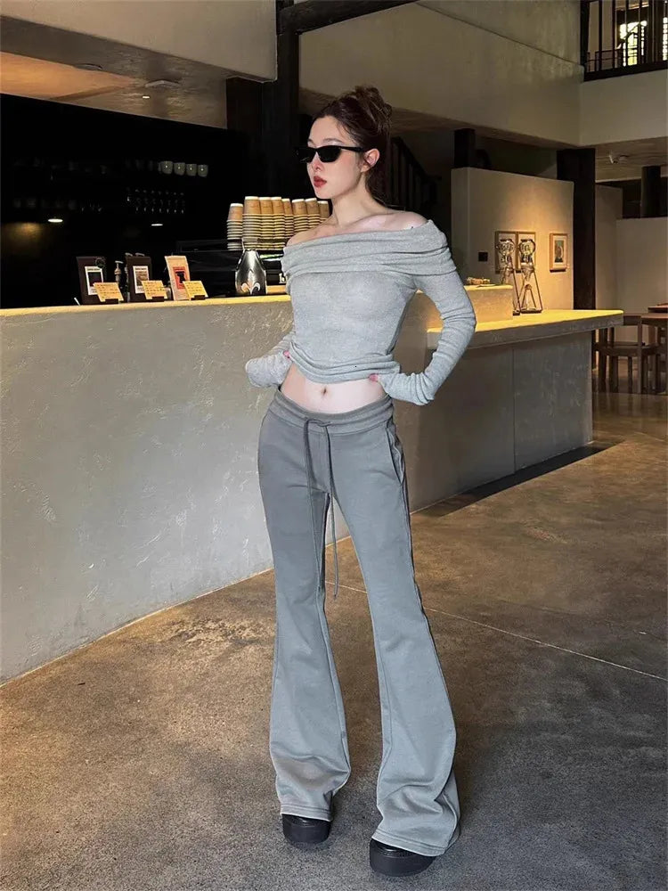 Women's Pants Capris Deeptown Y2K Vintage Gray Flare Leggings Women Korean Fashion Low Rise Black Flared Pants Slim American Retro Joggers Trousers 231108