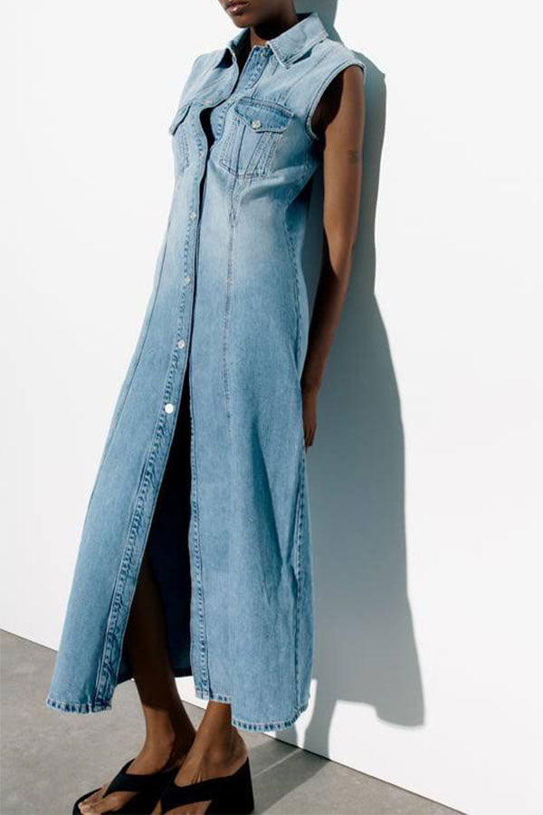 storexq Gradient Classic Patch Pocket Denim Midi Dress