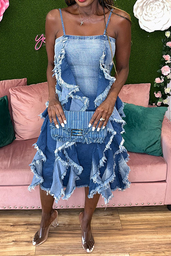 namcoverse Gradient Denim Unique Ruffles Patchwork Midi Dress