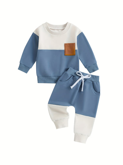 Infant Toddler Baby Boy Clothes Color Block Long Sleeve Sweatshirt Pullover Tops Jogger Pants Set Sweatsuit Fall Winter Outfits 2Pcs