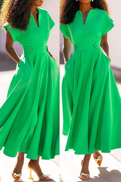 storexq Solid Color V Neck Stylish Swing Midi Dress