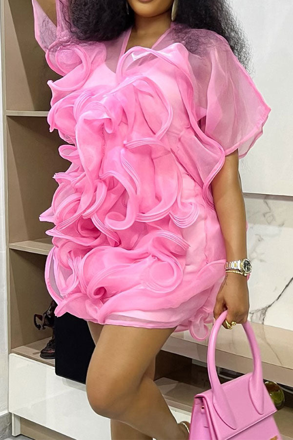 storexq Solid Color Tulle Sweet Ruffles Design Mini Dress