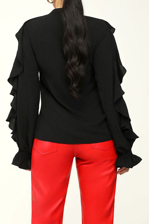 storexq Solid Color Modern Ruffle Patchwork Blouse