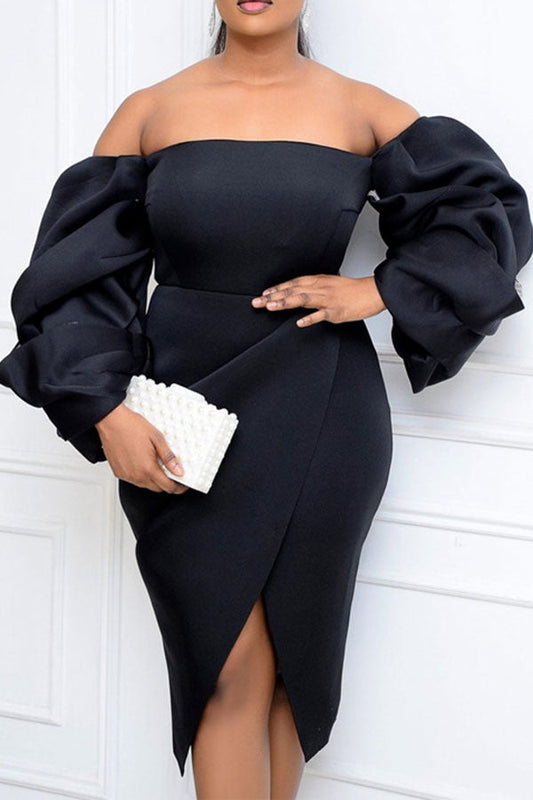 storexq Solid Color Off Shoulder Feminine Irregular Midi Dress