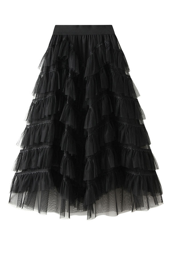 storexq Patchwork Cute Mesh Tiered Ruffle Skirt