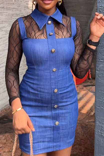 storexq Hit Color Mesh Patchwork Urban Bodycon Denim Mini Dress