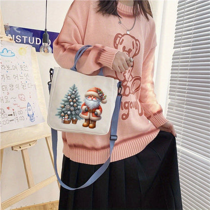 1pc Festive Canvas Christmas Handbag for Women, Santa and Tree Print, Detachable Shoulder Strap, Multi-Use Tote, Messenger, Shoulder Bag with Buckle Closure