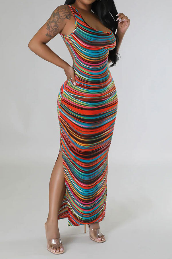 storexq Rainbow Casual Open Back Side Split Maxi Dress