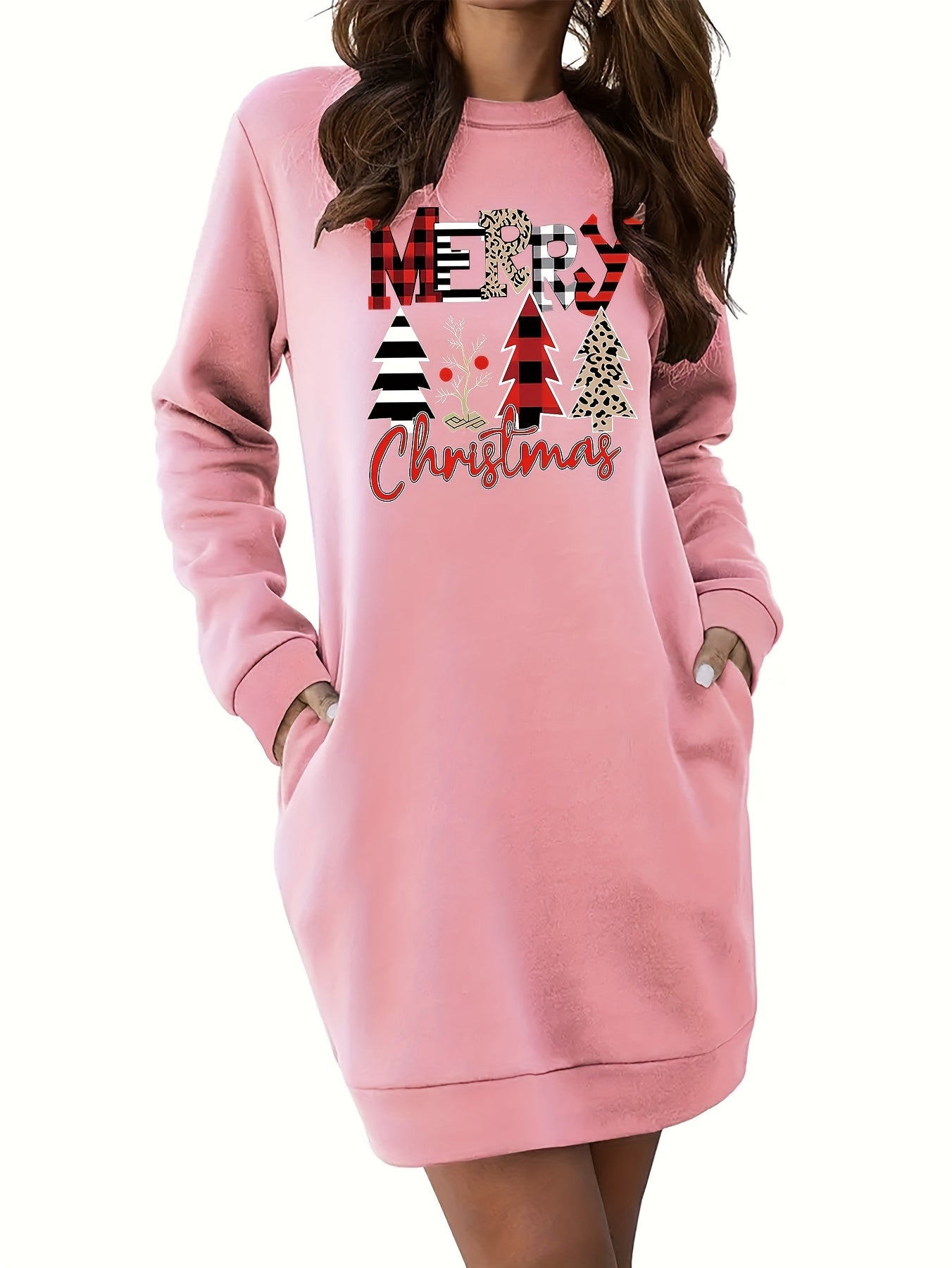 Cozy Fleece-Lined Christmas Sweatshirt Dress with Pockets - Long Sleeve, Round Neck, Festive Letter Print for Women