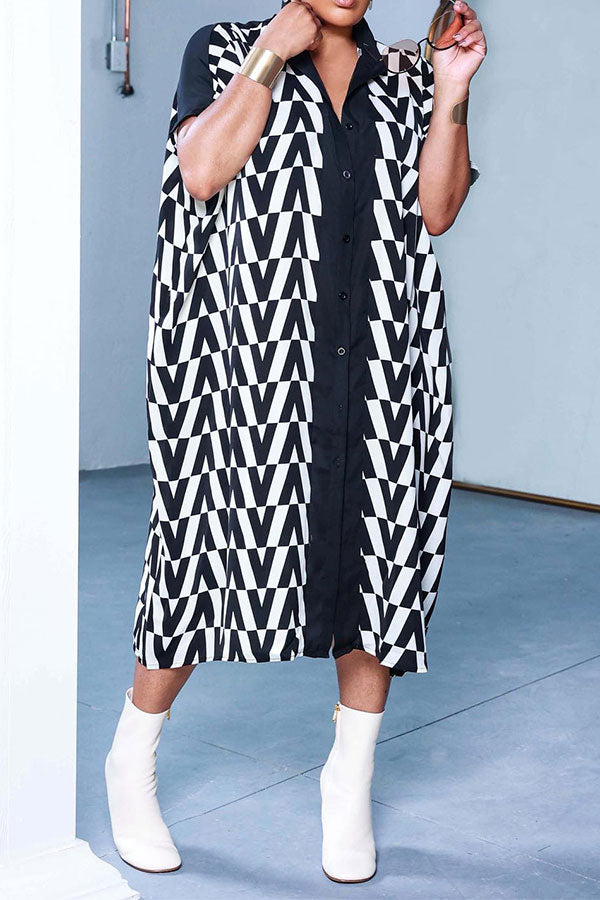 storexq Chevron Print Patchwork Simple Single Breasted Midi Dress