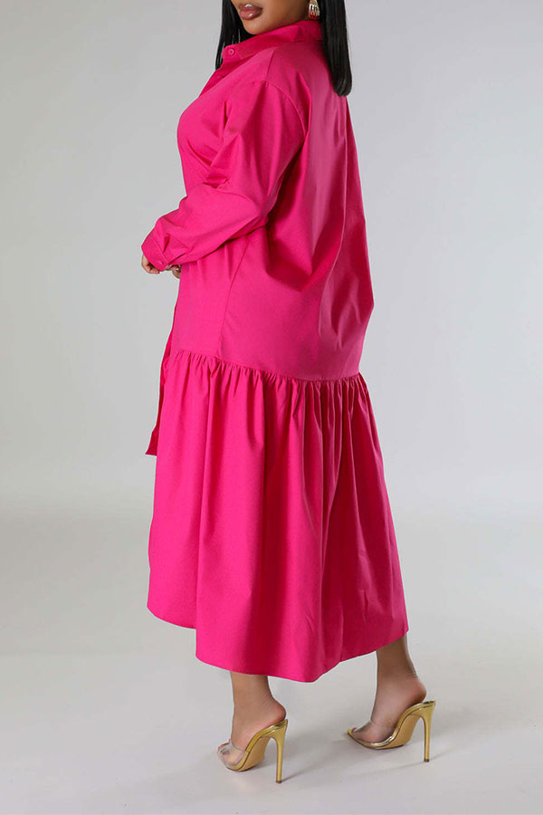 storexq Solid Color Shirt Collar Casual High Low Midi Dress