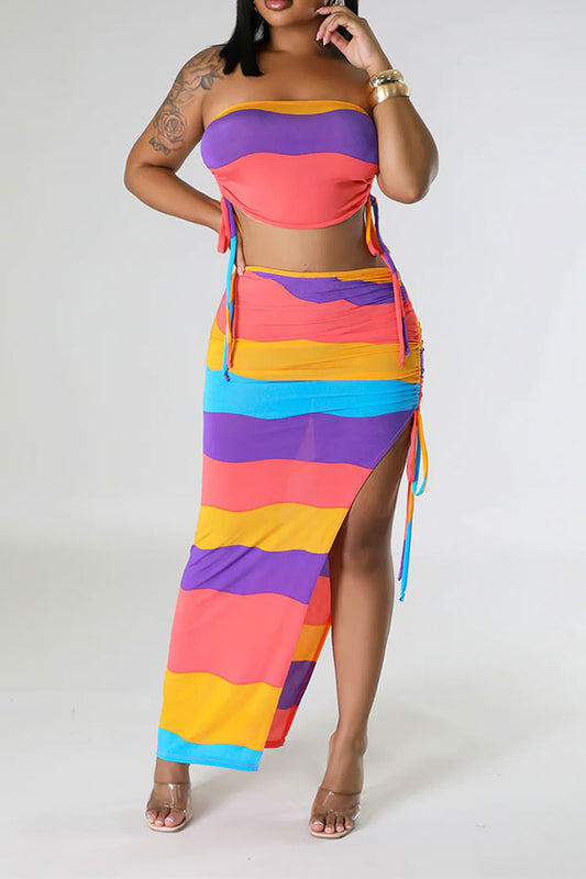 storexq Rainbow Kitsch Drawstring High Split Dress Suit