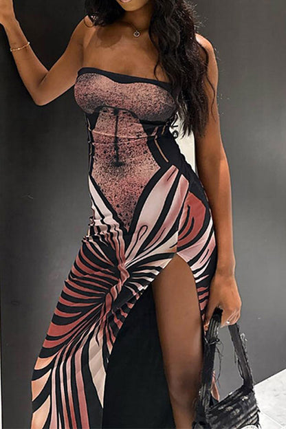 namcoverse Artistic Body Print Strapless Romantic High Split Midi Dress