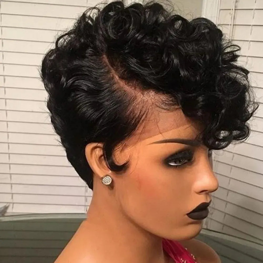 Perubian Virgin Hair Bob Wig Human Hair 13x4 Frontal Lace Wig Pixie Cut Wig 180% Density Short Bob Curly Pre Plucked 13x4 Lace Front Wigs