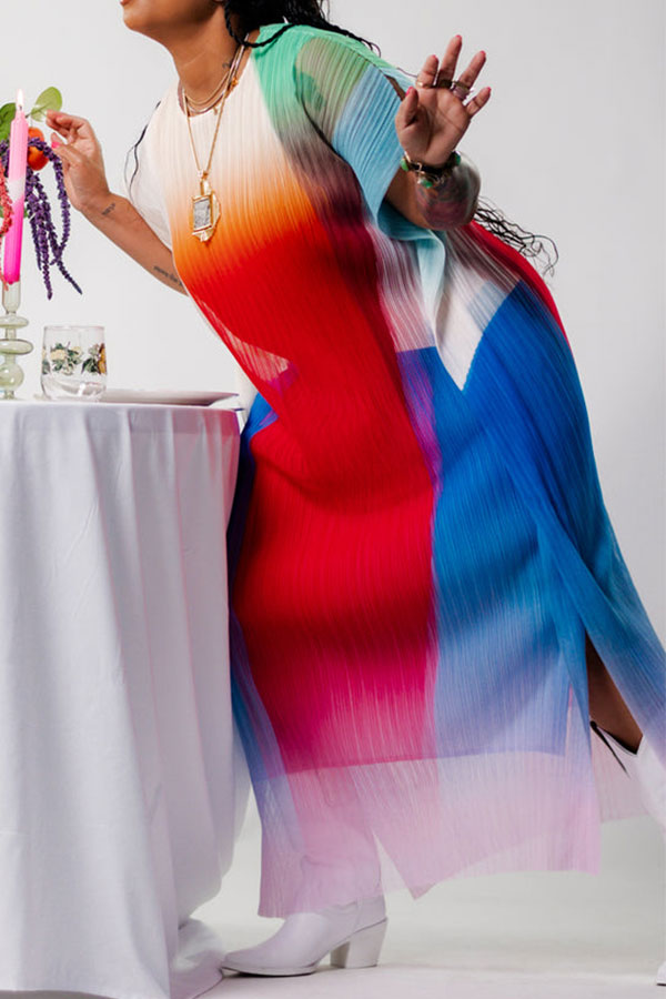 storexq Rainbow Pleated Modern Batwing Sleeve Midi Dress