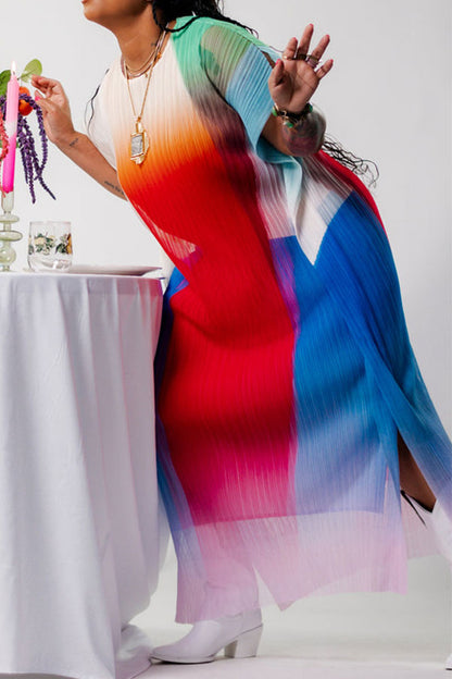 storexq Rainbow Pleated Modern Batwing Sleeve Midi Dress