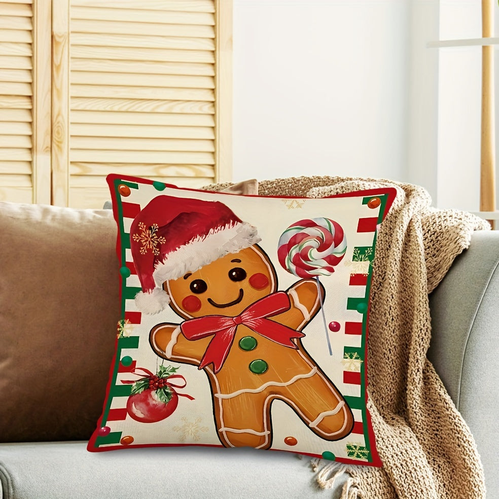 2pcs Festive Christmas Throw Pillow Covers - Gingerbread & Candy Cane Designs, Perfect for Holiday Home & Dining Decor, Machine Washable Linen, Multiple Sizes (16x16/18x18/20x20)