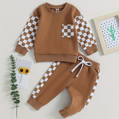 Toddler Boys Fall Outfits Checkerboard Patchwork Crew Neck Long Sleeve Sweatshirts and Elastic Waist Long Pants Set 2Pcs Winter Clothes