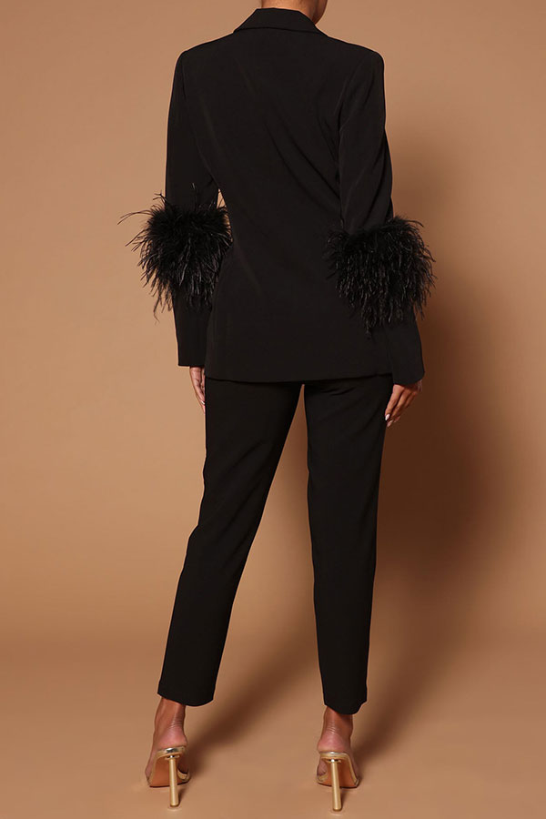 storexq Solid Color Feather Trim Stylish Pant Suit