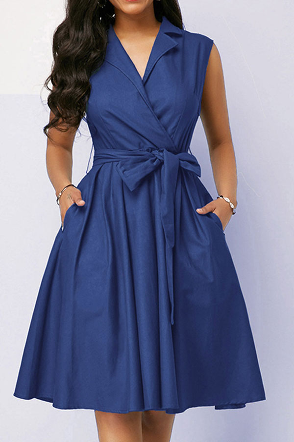 storexq Solid Color Notched Lapel Urban Belted Midi Dress