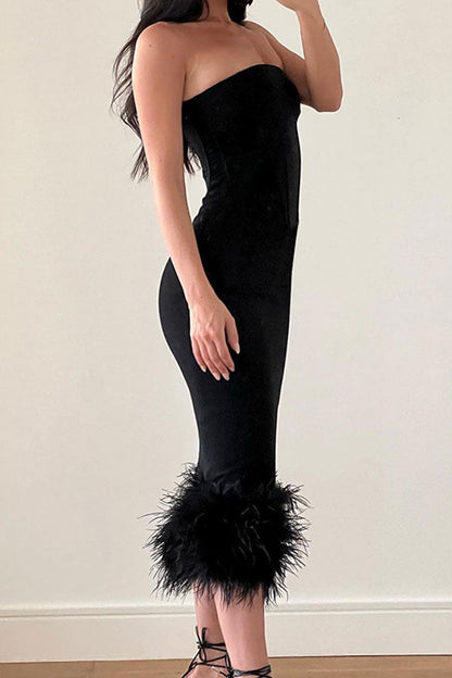 storexq Black Stunning Feather Patchwork Bodycon Midi Dress