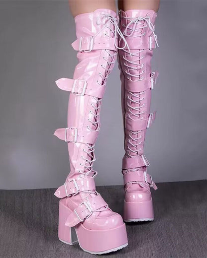 storexq Buckled Design Whimsical Strappy Chunky Boots