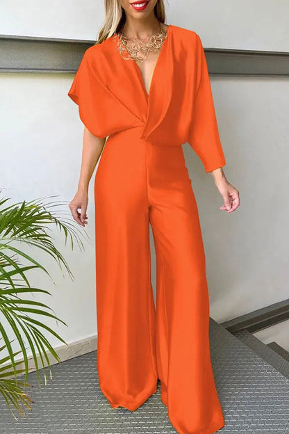 storexq Solid Color Elegant Asymmetric Sleeve Open Back Jumpsuit