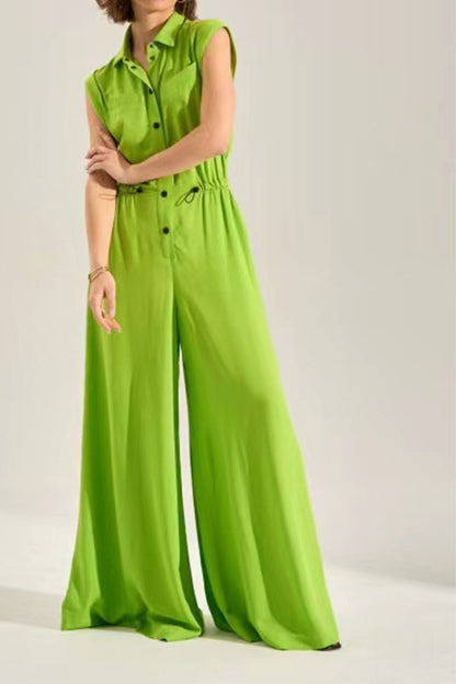 storexq Solid Color Commuting Drawstring Wide Leg Jumpsuit