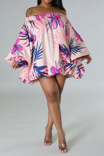 namcoverse Floral Print Tropical Off Shoulder Bubble Mini Dress