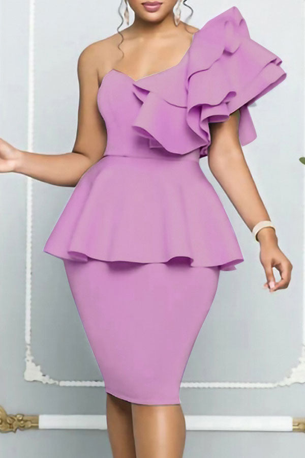 storexq Solid Color One Shoulder Tiered Sleeve Girly Peplum Midi Dress