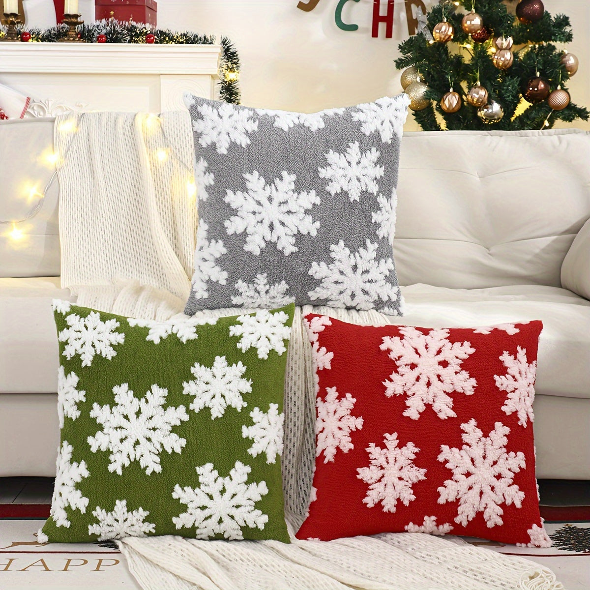 2pcs Plush Jacquard Snowflake Christmas Throw Pillow Covers, Decorative Pillowcase for Home, Room, Bedroom, Living Room, Car, Sofa